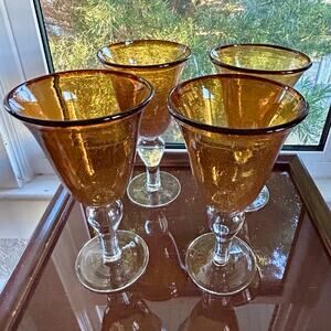 Vintage Artland Amber Gold Fleck Goblets Set of 4 Stemware 8.5”